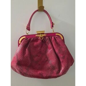 Vintage Style Magenta Faux Snakeskin Frame Handbag Gold Hardware Top Handle Bag